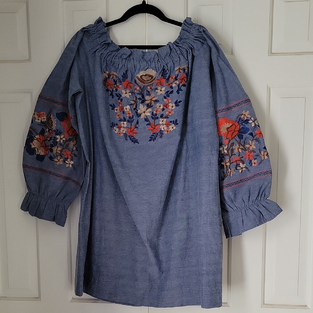 Womens Off Shoulder Mini Dress Floral Embroidery Sz Xxl Chambray R…